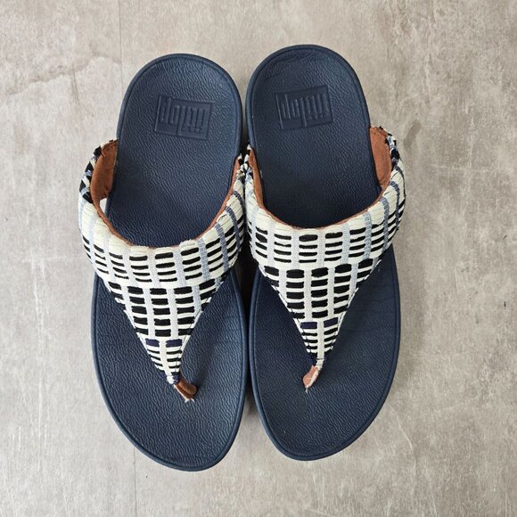 Fitflop Lulu Thong Sandals Sz 6 Blue White Plaid Beach Open Toe Wedge Flip Flops - Picture 2 of 11